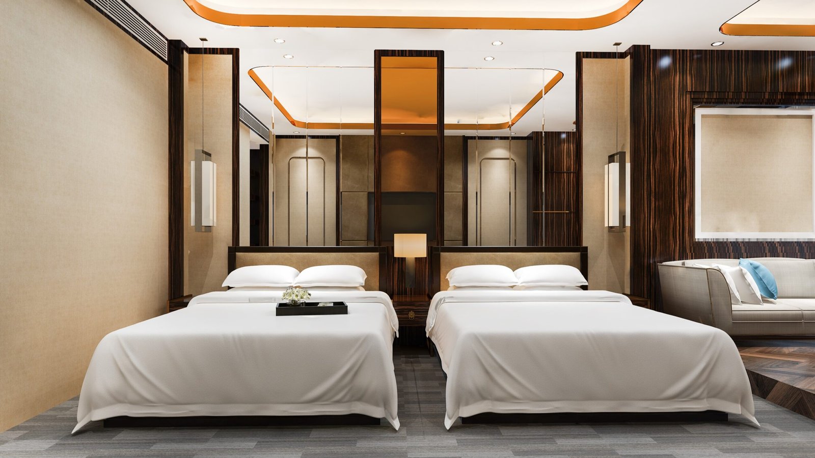 3d rendering luxury bedroom suite resort hotel with twin bed living scaled